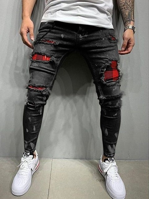 Men's Quilted Embroidered jeans Skinny Jeans Ripped Grid Stretch Denim Pants MAN Elastic Waist Patchwork Jogging Denim Trousers
