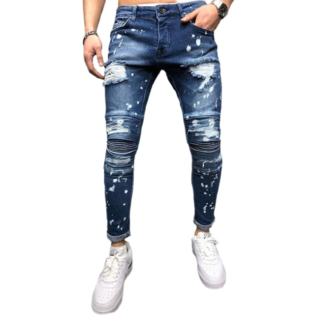 Spring Autumn Biker Casual Ripped Jeans Skinny Stretch Jeans Men Blue Hip Hop Slim Harem Homme Brand Denim Hole Pencil Pants