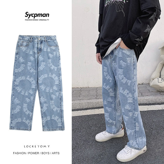 American Retro Jacquard Jeans Men Autum Summer Thin Street Ruffian Handsome Loose Pants Straight Drop Vintage Denim Distressed