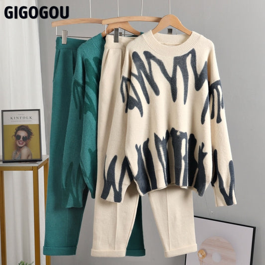 GIGOGOU Tie Dye Winter Knit Two Piece Set Women Harem Pant Suits Oversized Loose Sweaters Jogging Knitted Tracksuit Outfits