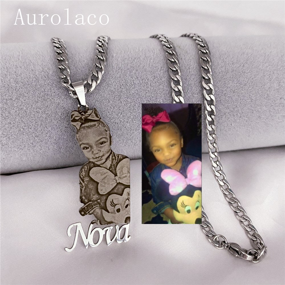 Aurolaco Custom Photo Necklace Custom Picture Nameplate Pendant Necklace for Kids Custom Memory Jewelry for Family Gifts Collar