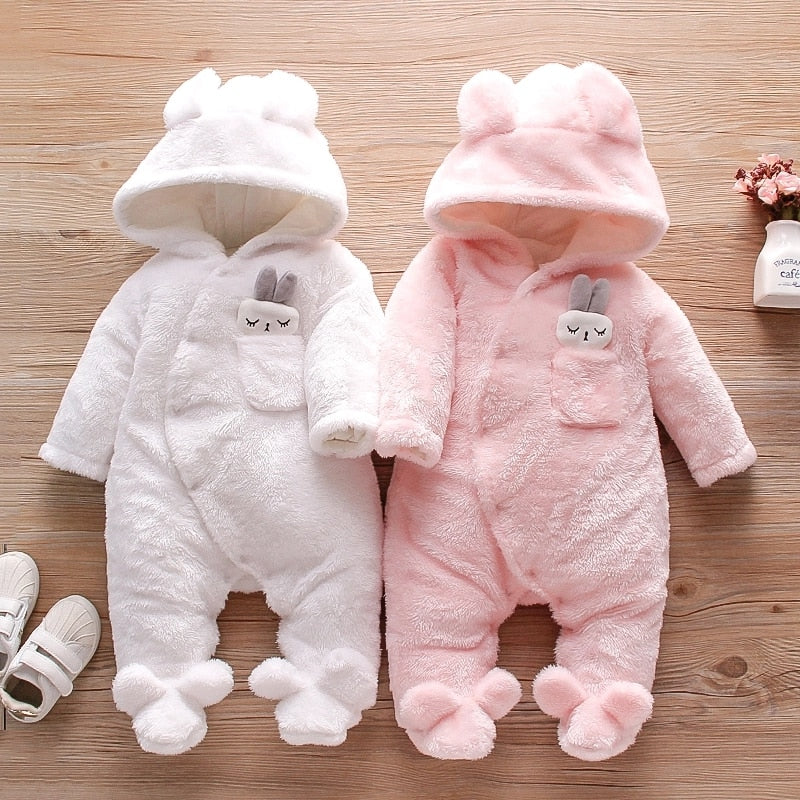 PatPat 2021 New Arrival Winter Baby Solid Fleece Rabbit Hooded JumpsuitBaby Unisex Sweet Jumpsuits Baby Clothes