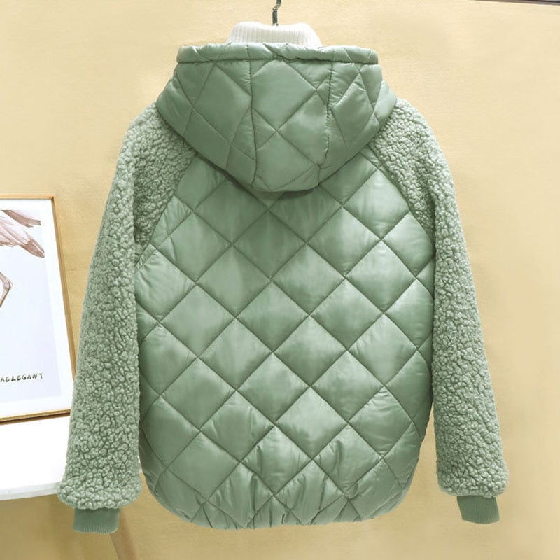 Thin light Down Cotton Jacket Female Short Coat Autumn Winter Women's 2021New Hooded Loose Imitation lamb Wool Cotton Jacket C