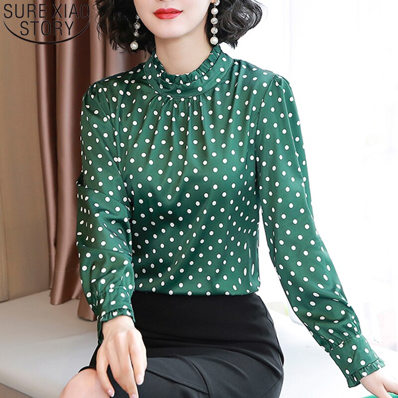 Women Blouses Casual Stand Collar Autumn Fashion Women Shirts Blouses Long Sleeve Polka Dot Women Tops 2021 Fashion Blusas 10589