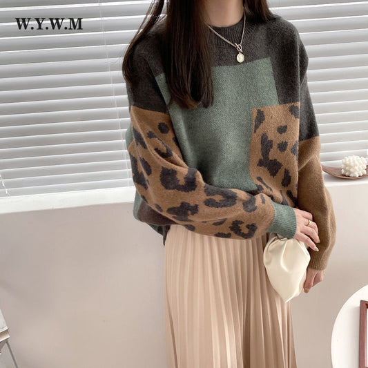 WYWM Winter Vintage Leopard Patchwork Sweater Women Casual Cashmere Knitted Pullovers Ladies Outwear Oversized Female Jumpers