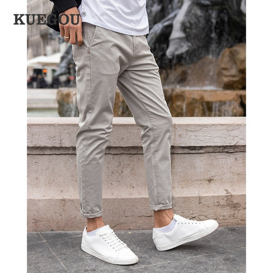 KUEGOU 2021 New Cotton Spandex Men's Casual Pants Spring Slim Straight Micro elastic Classic trousers summer Plus Size KK-3002