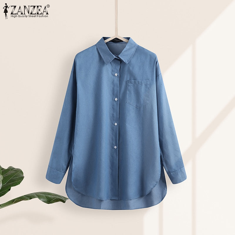 Fashion Demin Blue Shirts Women's Asymmetrical Blouse ZANZEA 2021 Casual Long Sleeve Blusas Female Button Down Tunic