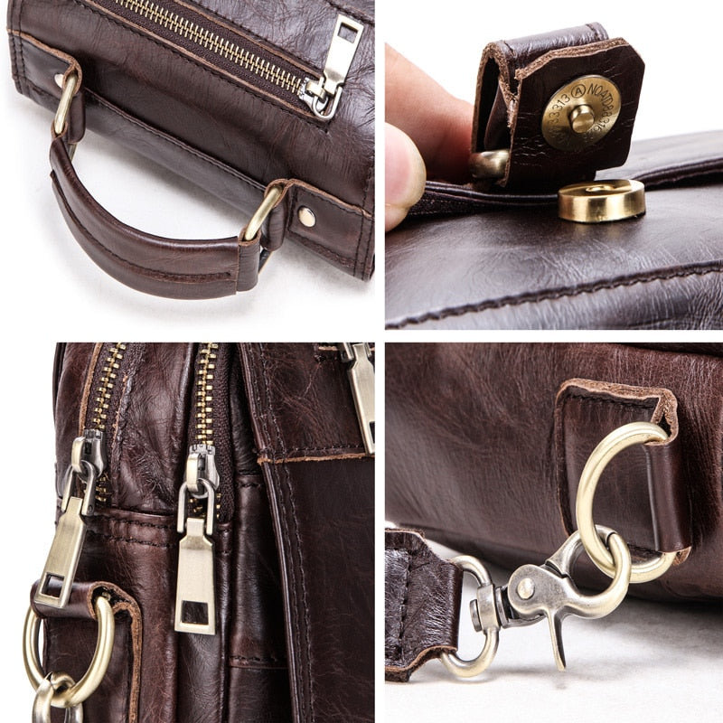 Genuine Leather Men Message Bags for 7.9in iPad Vintage Travel Handbag Zipper Metal Buckle Business Male Shoulder Bag