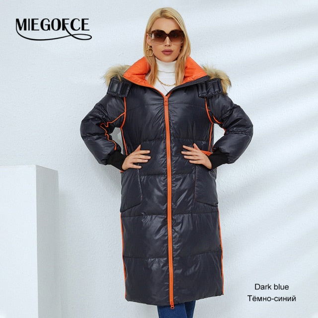MIEGOFCE 2021 Autumn Winter Women Long Jacket Hood with Fake Fur Collar Parka Fancy Design Pockets Coat Female Outerwear D21518