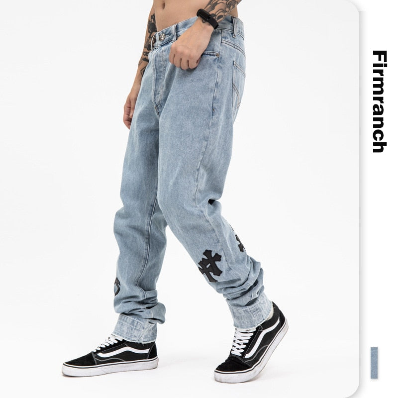 Firmranch New Genuine Leather Cross Jeans For Men 2021 High Street Blue Jeans Homme Loose Straight Hearts Pants Moto Trouse