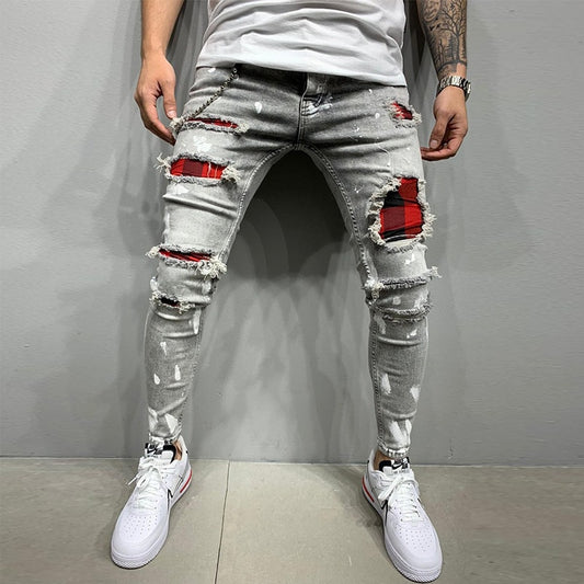 Men's Ripped Skinny jeans Patchwork Grid Stretch Casual Denim pencil Pants Man Fashion  paint painting Jogging Trousers male