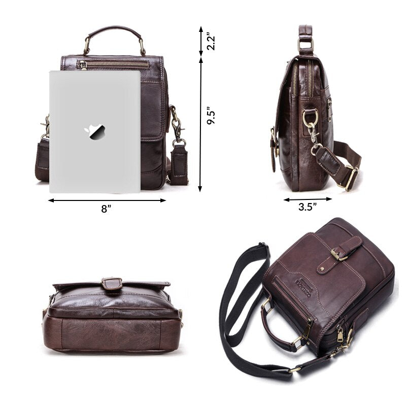 Genuine Leather Men Message Bags for 7.9in iPad Vintage Travel Handbag Zipper Metal Buckle Business Male Shoulder Bag