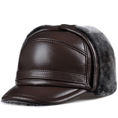 RY0201 Male Winter Warm Ear Protection Bomber Hat Man Genuine Leather Faux Fur Inside Black/Brown Ultra Large Size 54-62cm Caps