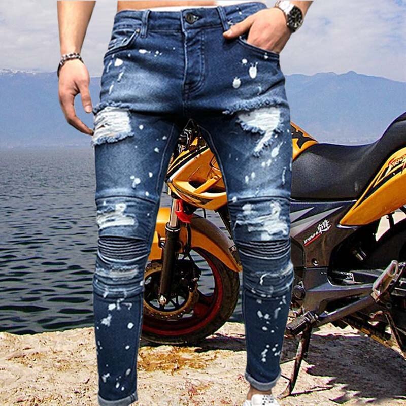 Spring Autumn Biker Casual Ripped Jeans Skinny Stretch Jeans Men Blue Hip Hop Slim Harem Homme Brand Denim Hole Pencil Pants