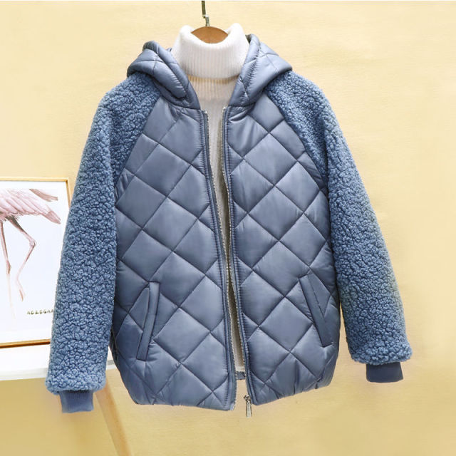 Thin light Down Cotton Jacket Female Short Coat Autumn Winter Women's 2021New Hooded Loose Imitation lamb Wool Cotton Jacket C