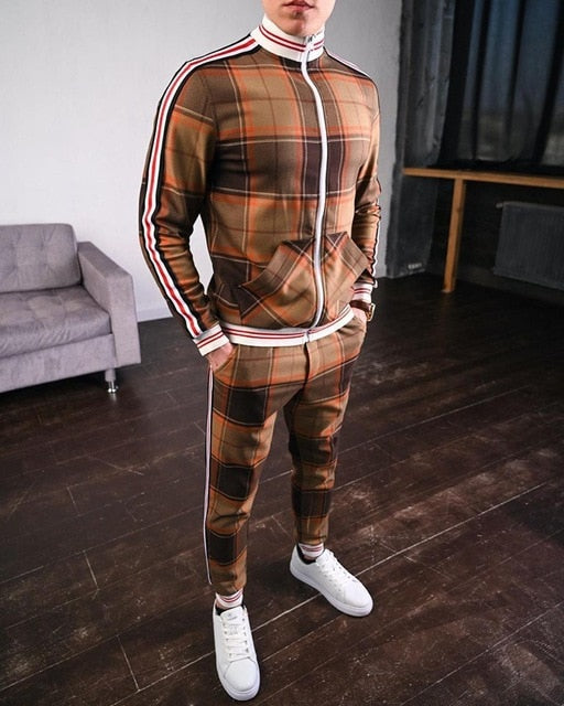 Mens Tracksuits 2020 Colorful Plaid Casual Zipper Hoodie Set Autumn Male Sweatshirt Clothes For Men