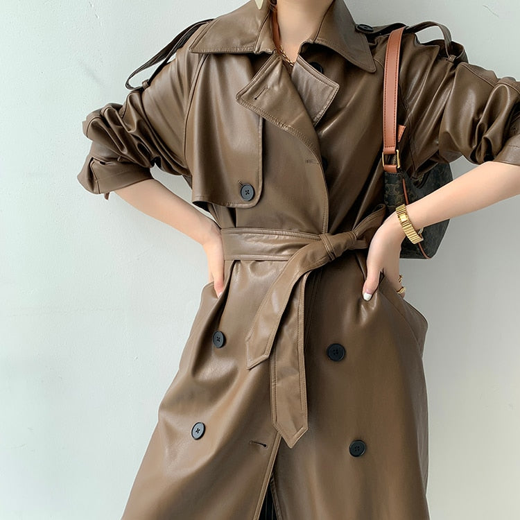 Korea Runway Designer 2021 Fall /Autumn leather Maxi Long Trench Coat With Belt Chic Female Windbreaker Classic