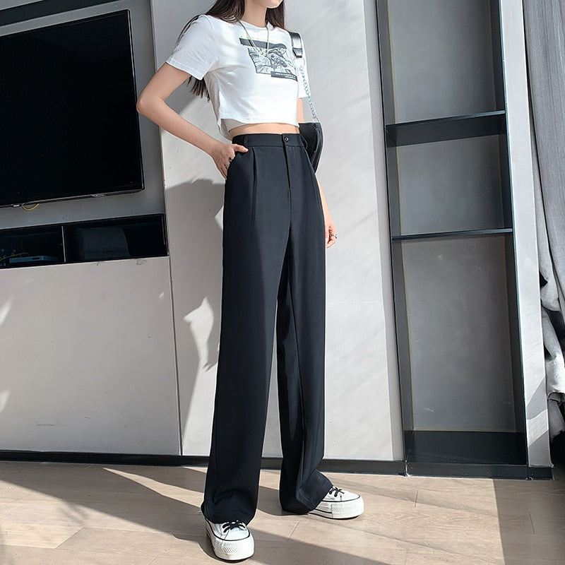 Casual High Waist Loose Wide Leg Pants for Women Spring Autumn New Female Floor-Length White Suits Pants Ladies Long Trousers