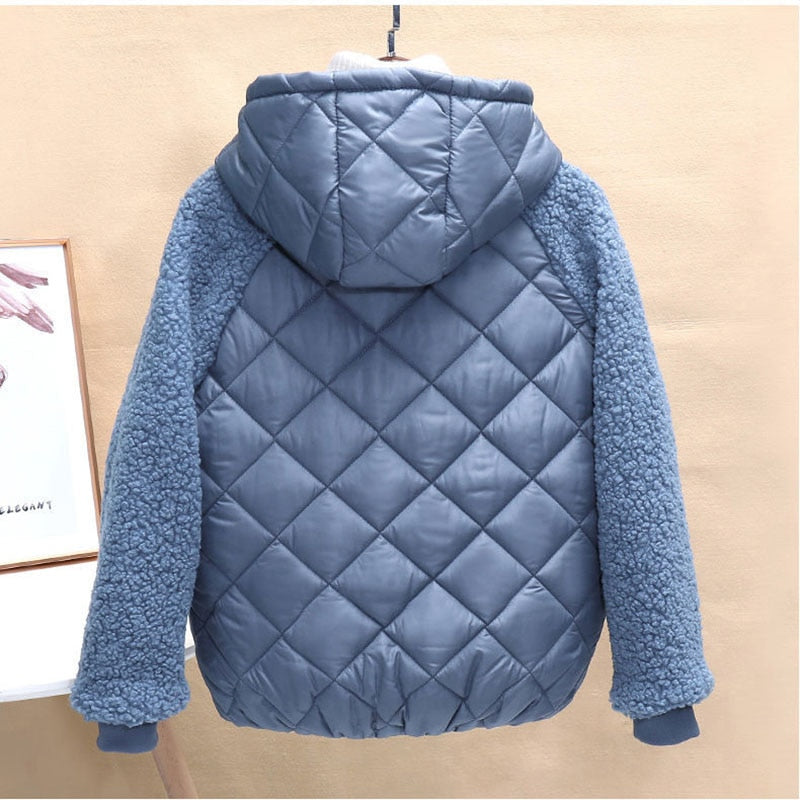 Thin light Down Cotton Jacket Female Short Coat Autumn Winter Women's 2021New Hooded Loose Imitation lamb Wool Cotton Jacket C
