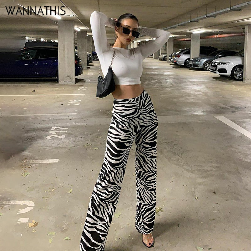 WannaThis Zebra Print Wide Leg Pants Trousers Sexy High Waist Autumn Women New 2020 Fashion Casual Female Trousers Streetwear