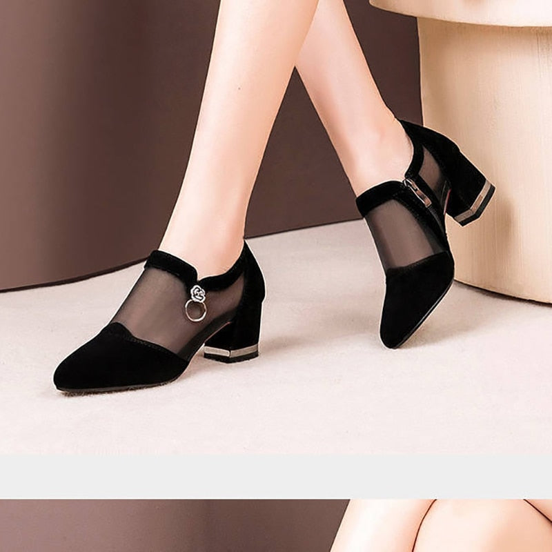 Classic Women Mesh Breathable Pumps High Heel Shoes Zip Pointed Toe Thick Heels Fashion Female Dress Shoes Elegant Footwear