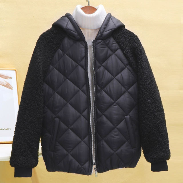 Thin light Down Cotton Jacket Female Short Coat Autumn Winter Women's 2021New Hooded Loose Imitation lamb Wool Cotton Jacket C