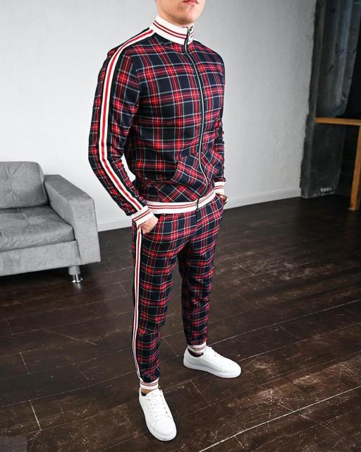 Mens Tracksuits 2020 Colorful Plaid Casual Zipper Hoodie Set Autumn Male Sweatshirt Clothes For Men