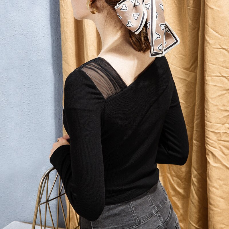 Autumn and Winter New Design Sense Oblique Shoulder Black Slim Bottoming Shirt Women's Inner Style Small Shirt T-shirt