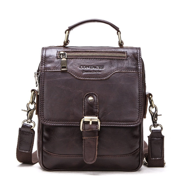 Genuine Leather Men Message Bags for 7.9in iPad Vintage Travel Handbag Zipper Metal Buckle Business Male Shoulder Bag