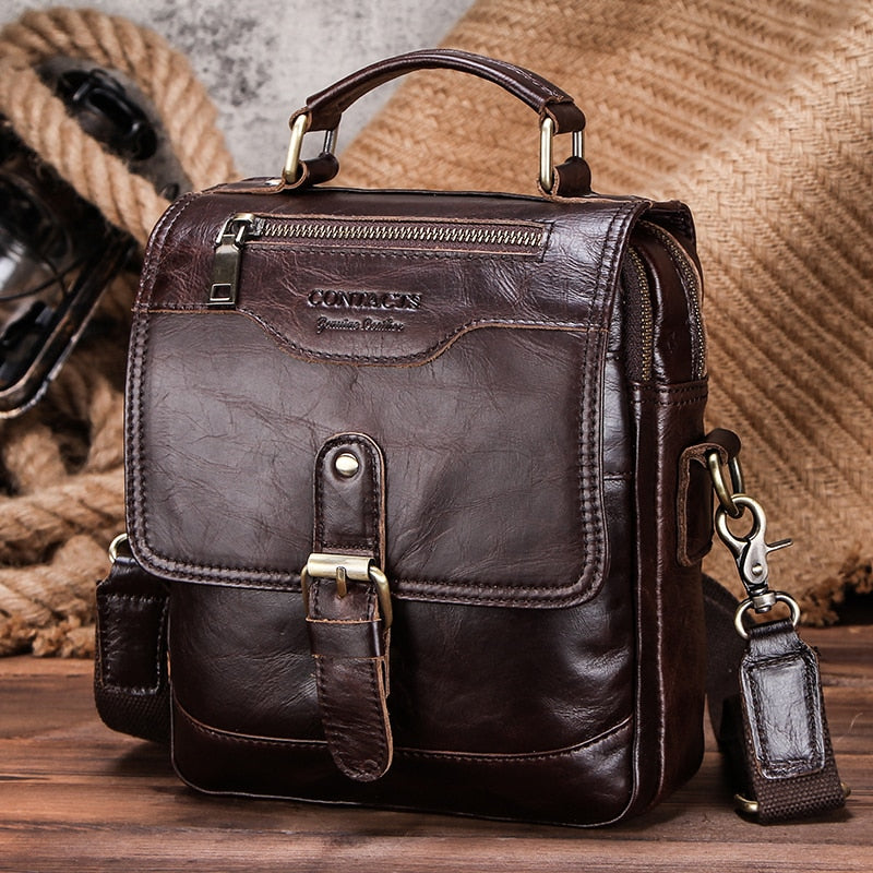 Genuine Leather Men Message Bags for 7.9in iPad Vintage Travel Handbag Zipper Metal Buckle Business Male Shoulder Bag