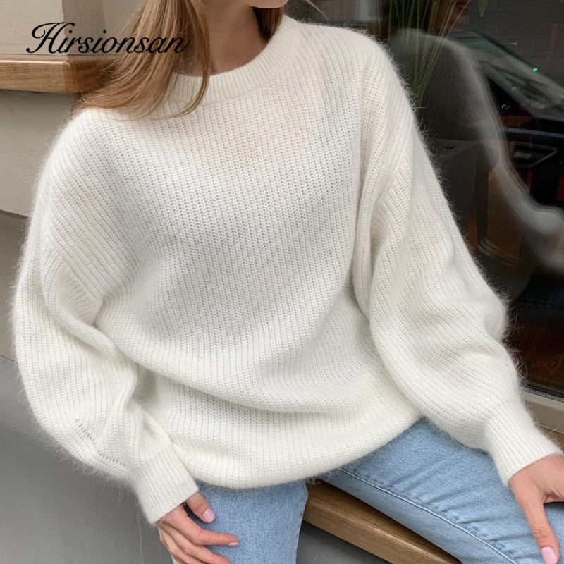 Hirsionsan Soft Loose Knitted Cashmere Sweaters Women 2021 New Winter Loose Solid Female Pullovers Warm Basic Knitwear Jumper