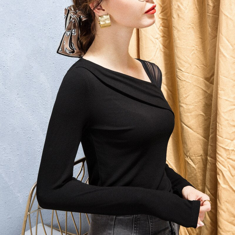 Autumn and Winter New Design Sense Oblique Shoulder Black Slim Bottoming Shirt Women's Inner Style Small Shirt T-shirt