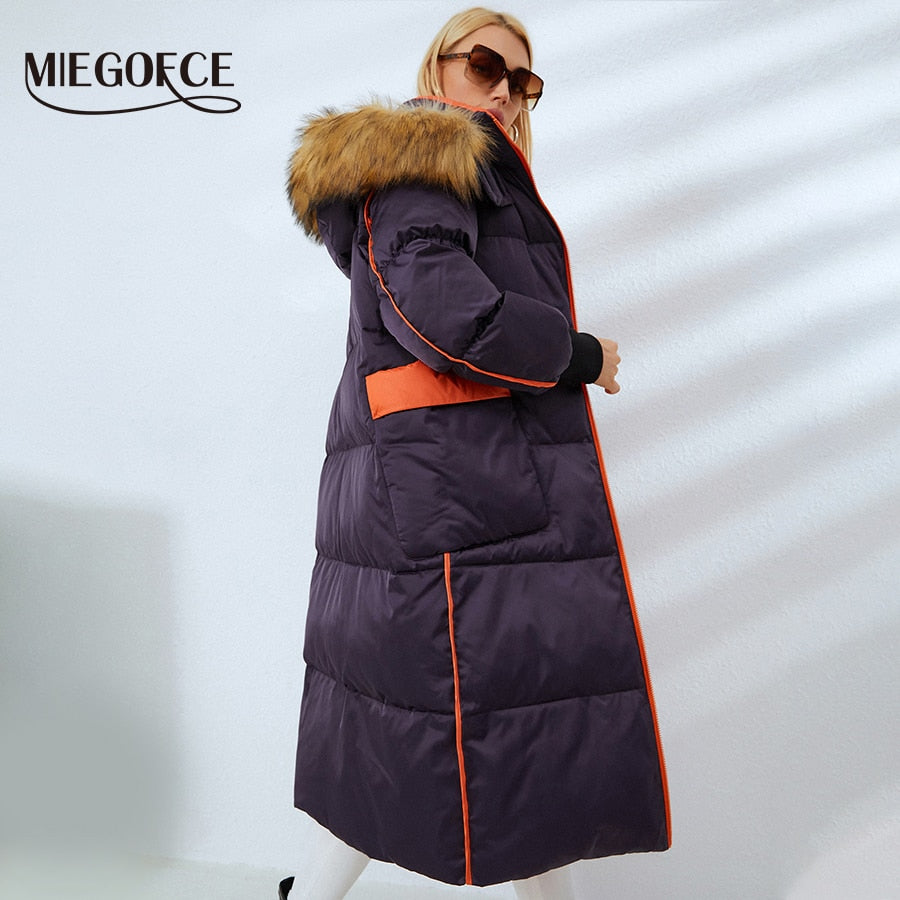 MIEGOFCE 2021 Autumn Winter Women Long Jacket Hood with Fake Fur Collar Parka Fancy Design Pockets Coat Female Outerwear D21518