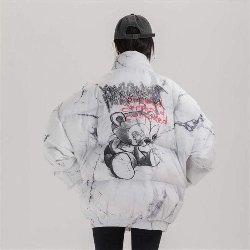 Hip Hop Jacket Parka Hurt Bear Print Men Winter Oversize Windbreaker Streetwear Harajuku Padded Jacket Coat Warm Outwear Hipster