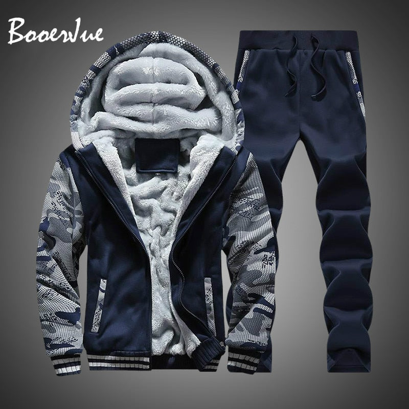 Tracksuit Men Winter Camouflage Hoodies Casual Hooded Warm Sweatshirts Thick Fleece 2PC Jacket+Pant Men Moleton Masculino M-4XL