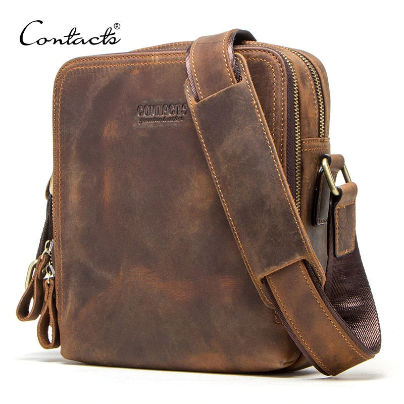 CONTACT'S 2021 New Genuine Leather Men's Messenger Bag Vintage Shoulder Bags for 7.9" Ipad Mini High Quality Male Crossbody Bag