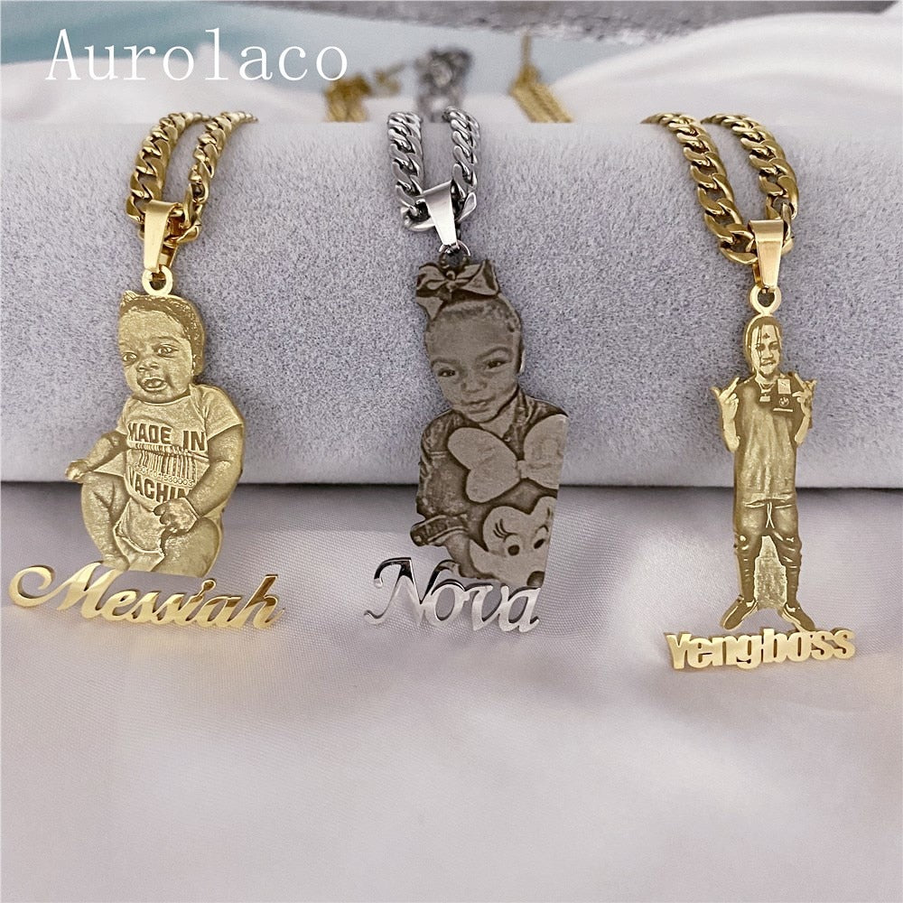 Aurolaco Custom Photo Necklace Custom Picture Nameplate Pendant Necklace for Kids Custom Memory Jewelry for Family Gifts Collar