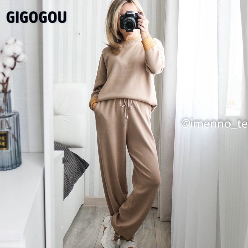 GIGOGOU Knitted Drape Wide-Leg Pant Suit Winter Warm Two piece Sets Y2K Women Sweater Tracksuits Long Straight Trousers Outfits