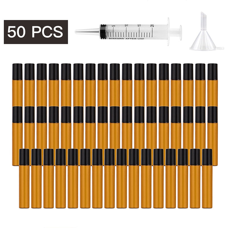 3/5/10ml Amber Thin Glass Roll on Bottle Sample Test Essential Oil Vials with Roller Metal Ball with Funnel and Syringe