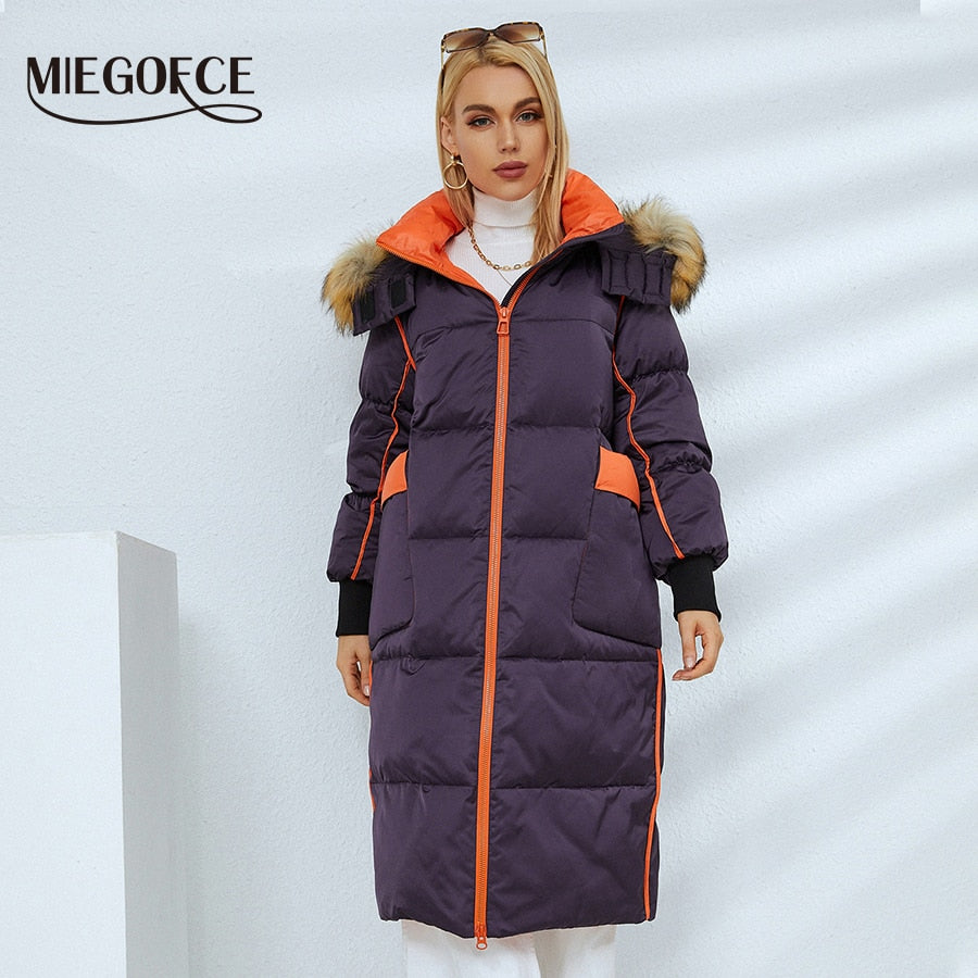 MIEGOFCE 2021 Autumn Winter Women Long Jacket Hood with Fake Fur Collar Parka Fancy Design Pockets Coat Female Outerwear D21518