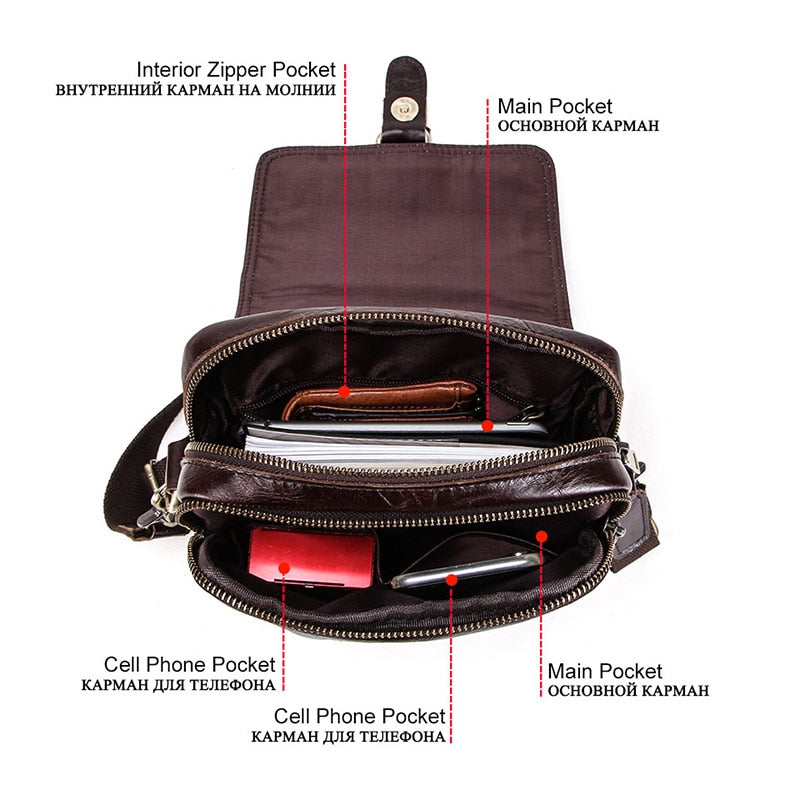 Genuine Leather Men Message Bags for 7.9in iPad Vintage Travel Handbag Zipper Metal Buckle Business Male Shoulder Bag