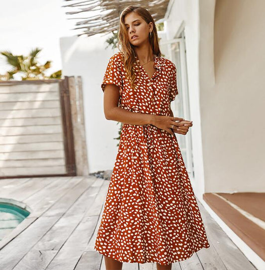 Fashion Women's Summer Polka Dot Short-Sleeved Dress With Shirt Collar And Soft A-Line Long Skirt