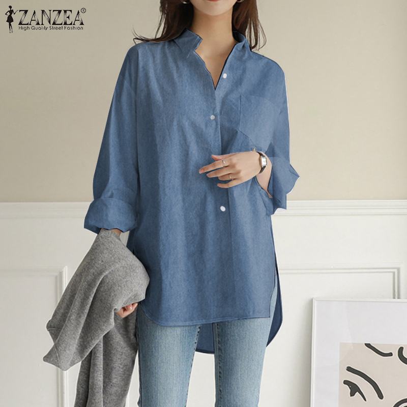 Fashion Demin Blue Shirts Women's Asymmetrical Blouse ZANZEA 2021 Casual Long Sleeve Blusas Female Button Down Tunic