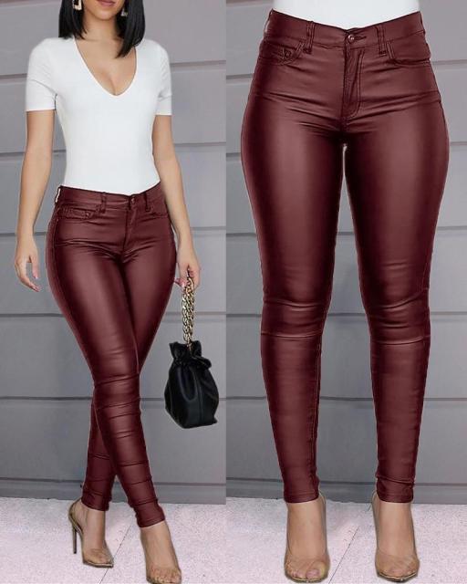 PU Leather Pants Women High Waist Button Zipper Slim Push Up Woman Pencil Pants Casual Pockets Blue Skinny Women Pants Plus Size