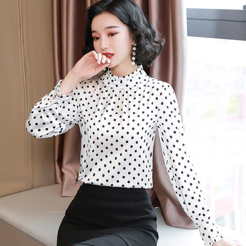 Women Blouses Casual Stand Collar Autumn Fashion Women Shirts Blouses Long Sleeve Polka Dot Women Tops 2021 Fashion Blusas 10589