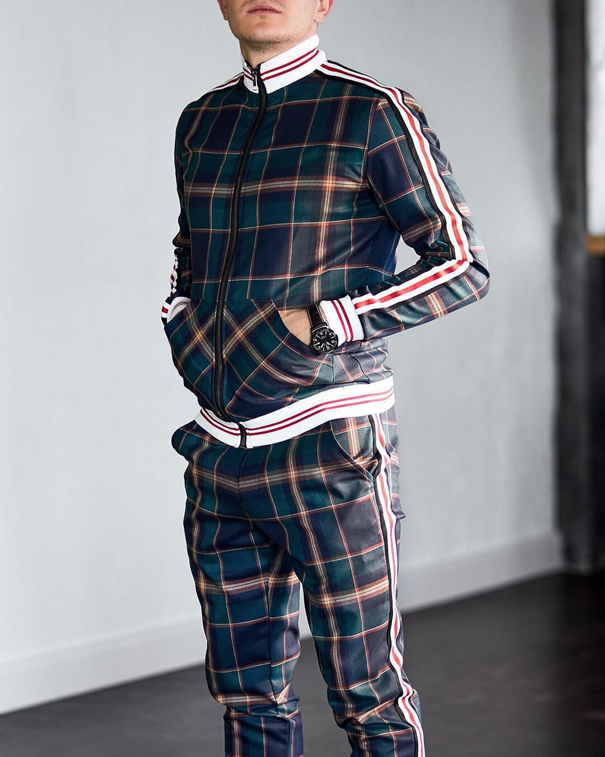 Mens Tracksuits 2020 Colorful Plaid Casual Zipper Hoodie Set Autumn Male Sweatshirt Clothes For Men