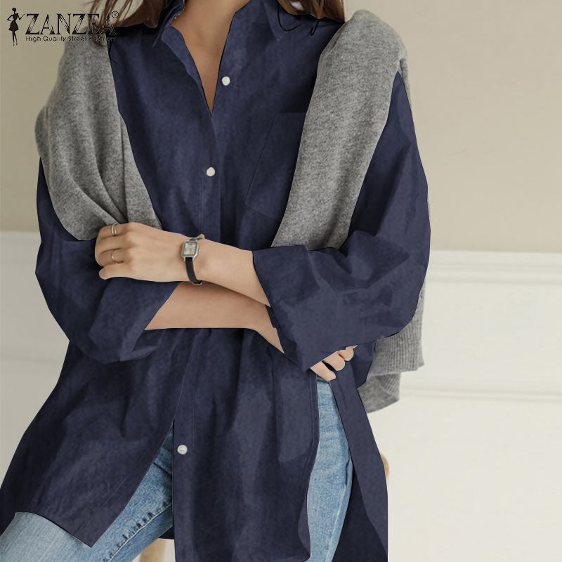 Fashion Demin Blue Shirts Women's Asymmetrical Blouse ZANZEA 2021 Casual Long Sleeve Blusas Female Button Down Tunic