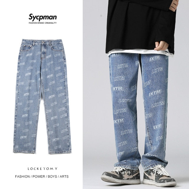 American Retro Jacquard Jeans Men Autum Summer Thin Street Ruffian Handsome Loose Pants Straight Drop Vintage Denim Distressed