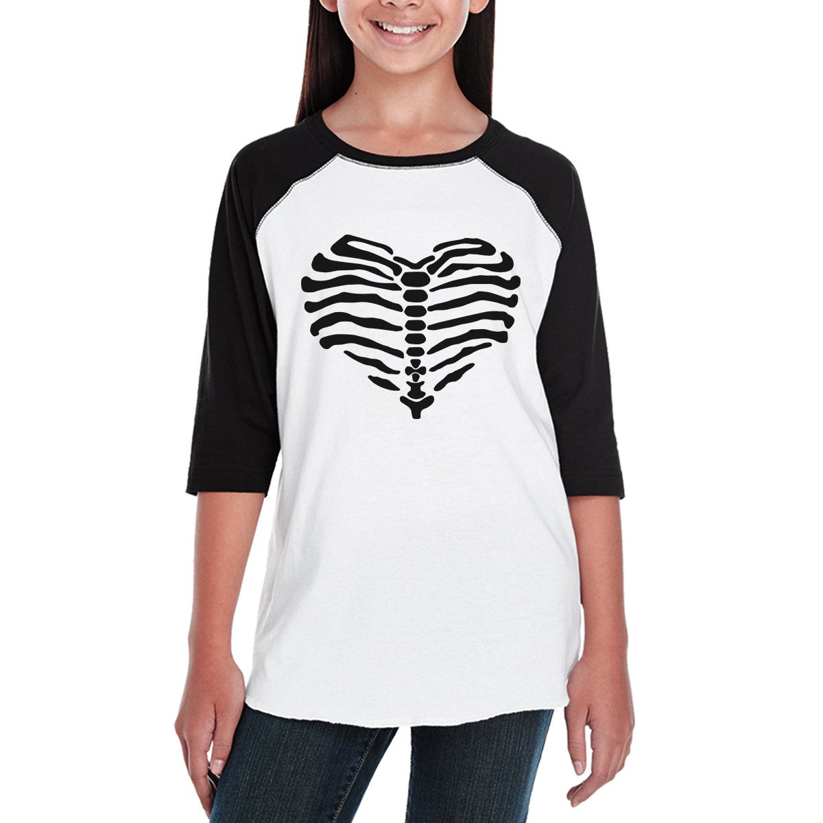 Skeleton Heart Kids Black And White BaseBall Shirt