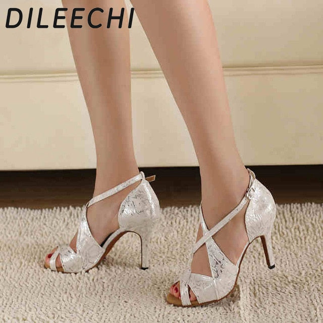 DILEECHI brand Women's White Satin Leopard Latin dance shoes wholesale Spot Salsa Party Square dance shoes High heels 8.5cm